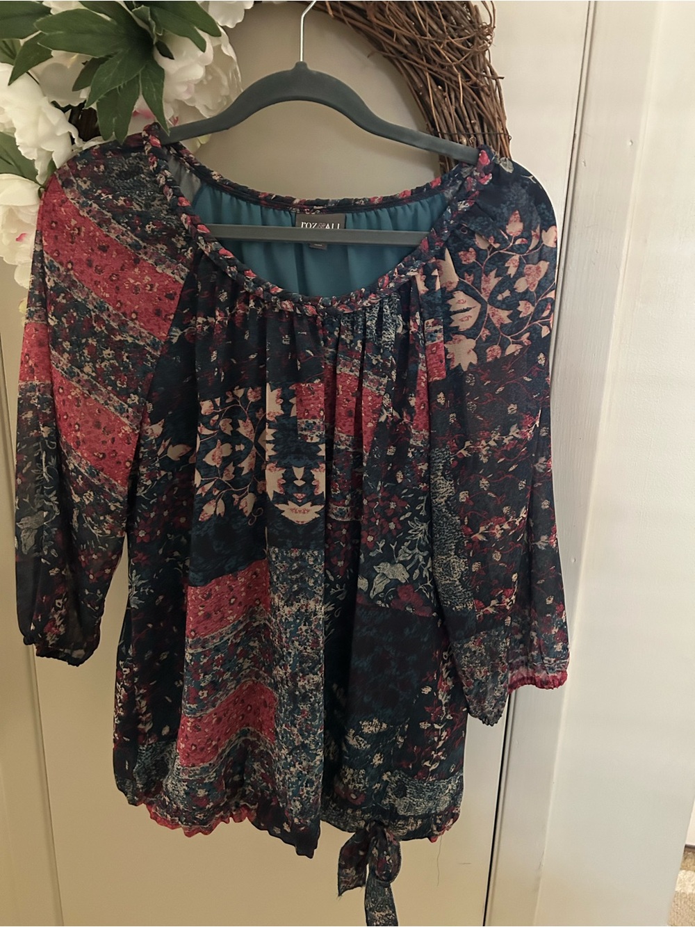 Roz & Ali Navy Floral Peasant Blouse with Pink Accents and Side Tie XL